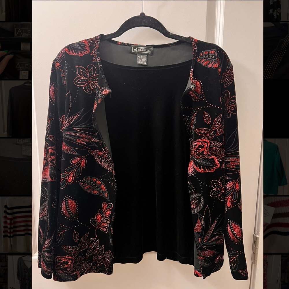 Vintage Elementz Black and Red Floral Sparked Cardigan with Tank Top Attached